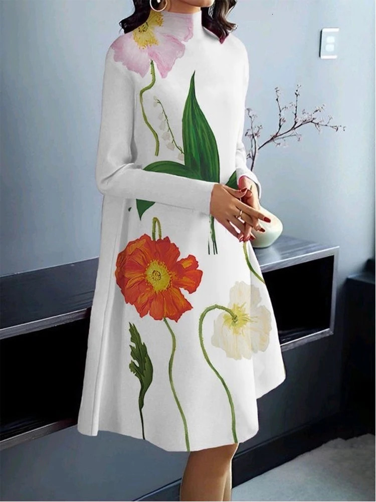 Yeezzi 2024 spring and autumn long sleeved Aline dress for women loose floral print elegant party evening Midi 250207