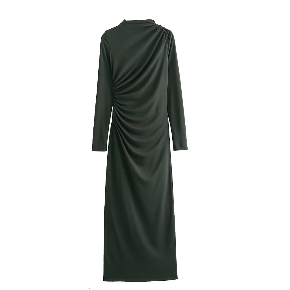 Zach Ailsa womens slim fit pleated decorative Midi dress autumn item stand collar long sleeved mid length skirt 250207