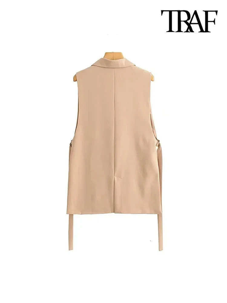 TRAF Women Fashion With Taps Side Vents Waistcoat Vintage Sleeveless Front Button Female Outerwear Chic Vest Tops 250207