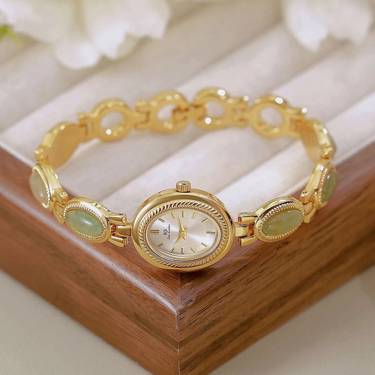 BS Ladies Watch 2024 Jade Beads Bracelet Quartz Watches For Women Jewelry Clock Gold Silver 250221