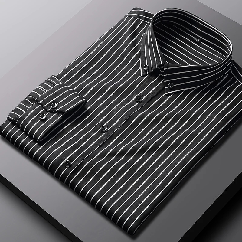 Mens business striped slightly elastic slim-fit fashionable casual comfortable handsome long-sleeved shirt classic formal wear 250207