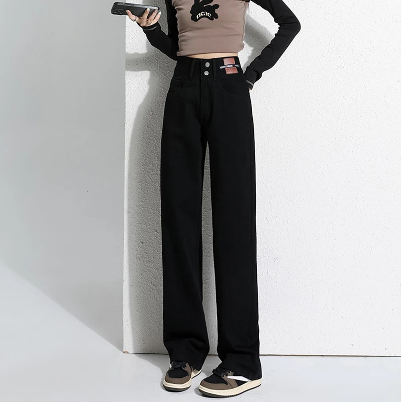 Woman High Waist Thicken Jeans Female Gothic Pants s Fashion Winter Snow Warm Retro Black Blue Grey Thermal Denim Trousers 250206