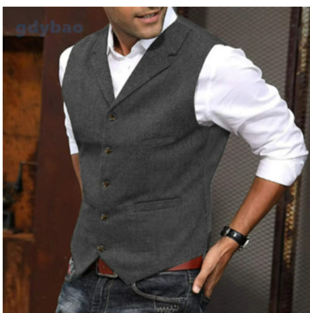 Men's Casual Classic Suit Vest V Neck Herringbone Tweed Slim Fit Business Waistcoat For Wedding