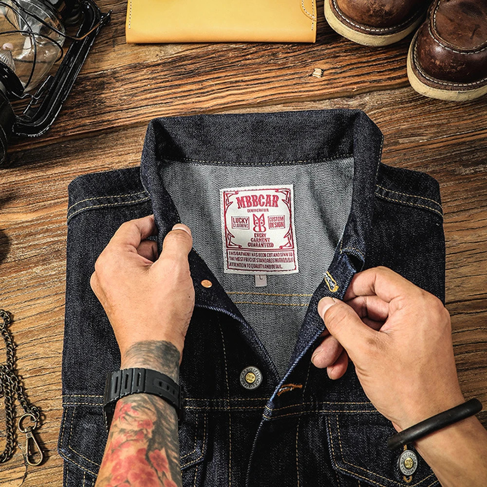 Casual Classic Selvedge Denim Jacket For Men Amekaji Vintage Black Solid Color Mens Coat 250207