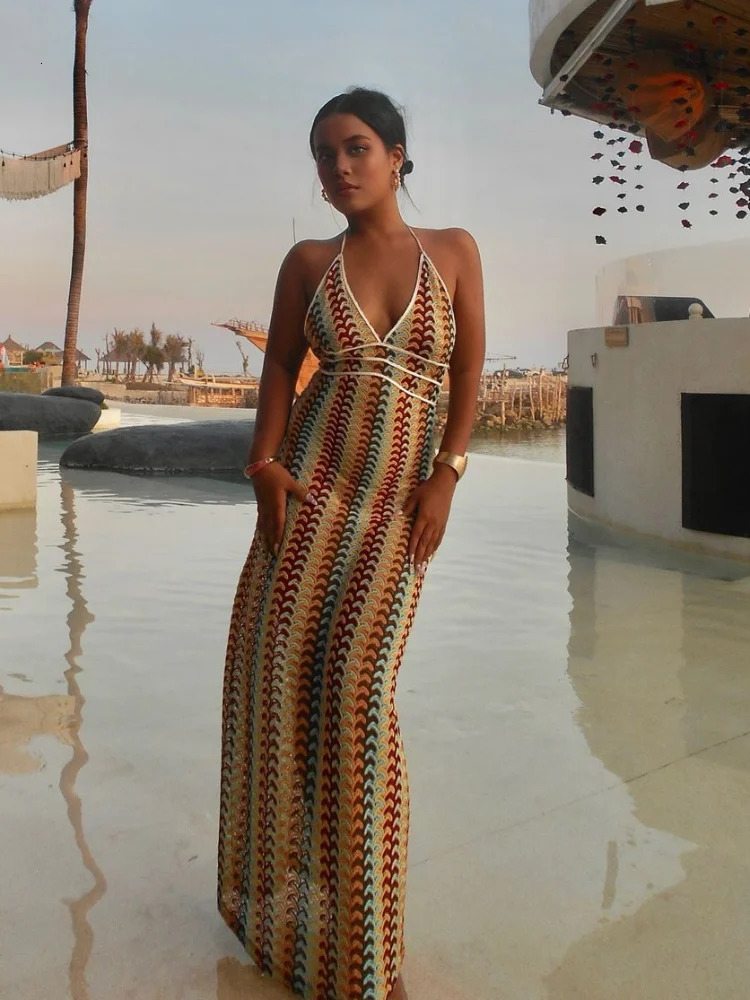 Sexy Crochet V Neck Halter Midi Dres Fashion Sleeveless Backless Slim Knitted Dress 2025 Summer Lady Highstreet Robe 250207