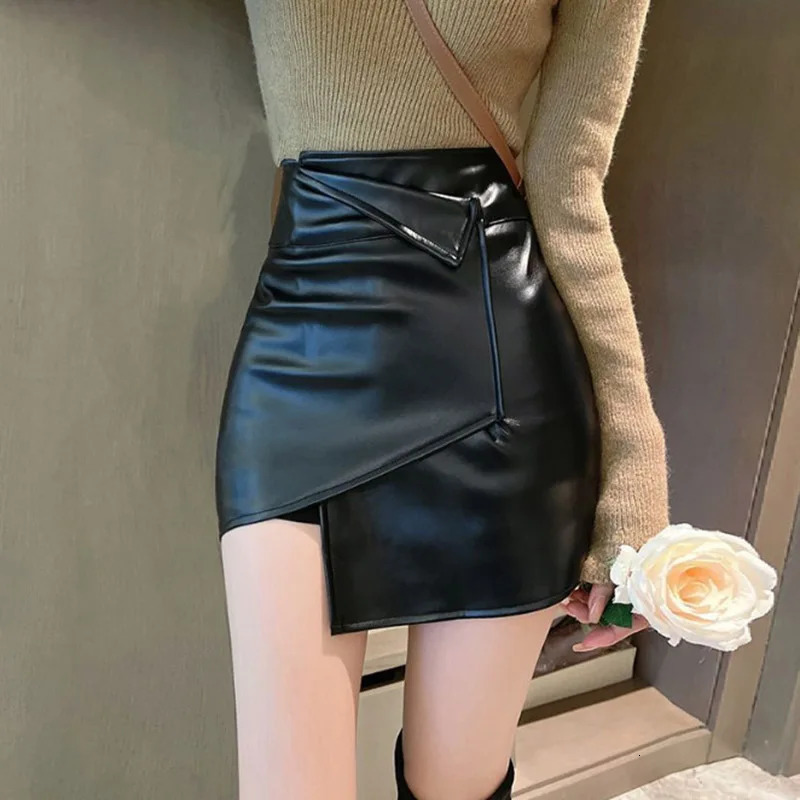 Womens Skirt Korean Edition Solid Color High Waist Irregular n Pu Leather Ultra Thin Sexy Belt Safety Pants Dress 250208Z