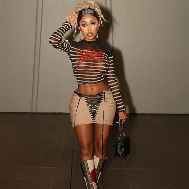 ANJAMANOR Graphic T Shirts Letter Striped Mesh Crop Tops See Through Long Sleeve Tees Black Trending Clothes for Women D87-AH12 250207