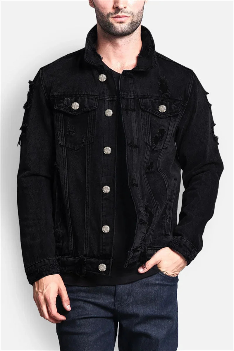 Fashion Trend Mens Broken Holes Denim Jacket Street Casual Male Youth Singlebreasted Splicing Pocket Long Sleeve Slim Fit Coat 250207