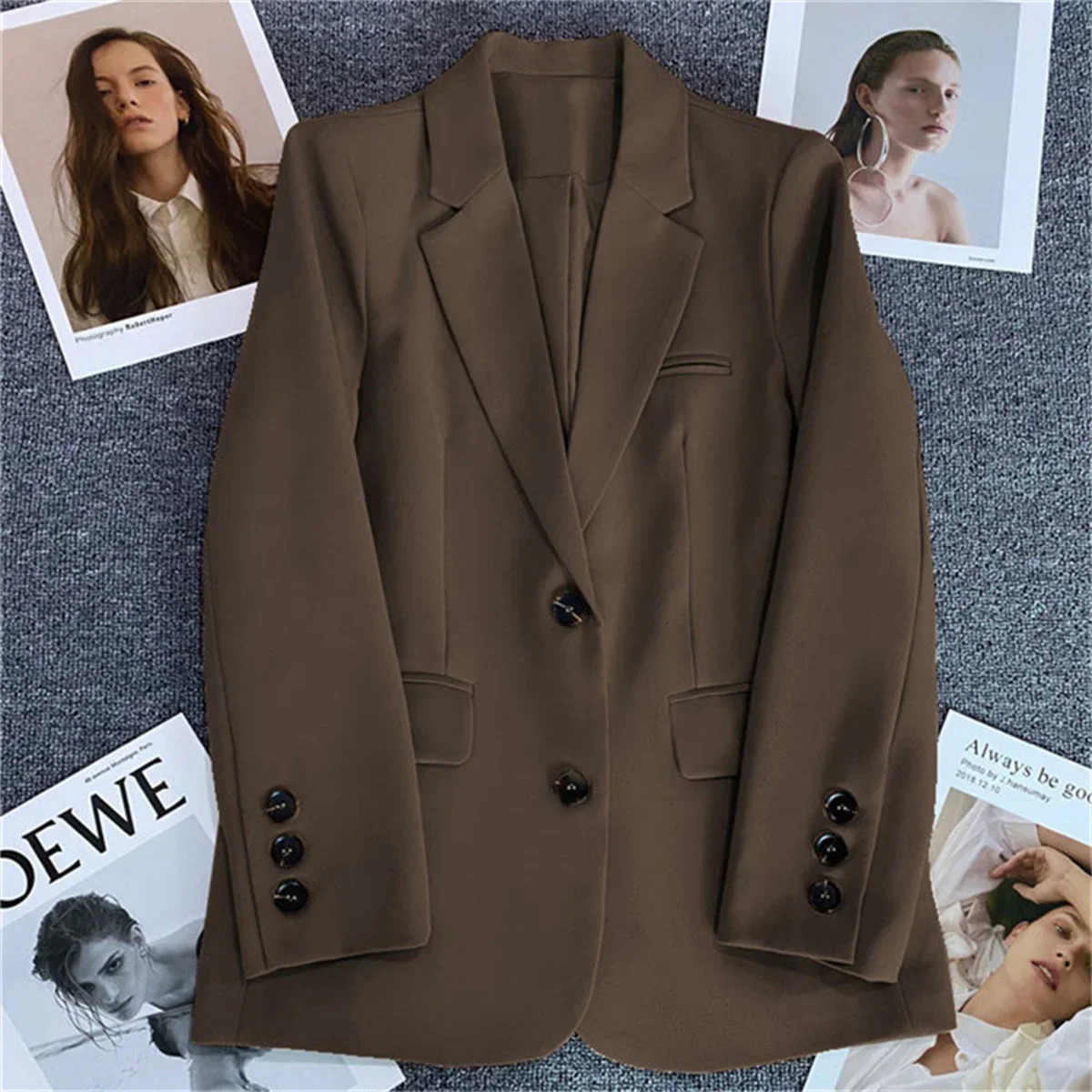Women Jacket in Korean Fashion Small Suit Top Brown Coat Clothes Loose Straight Temperament Slim Blazer for 250208