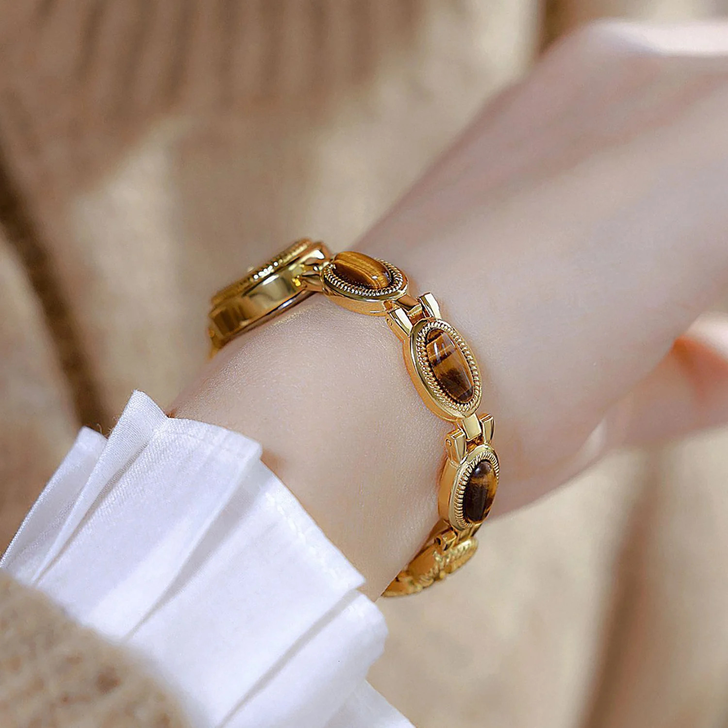 Golden Vintage Watch Women Elegant Amber Jewelry Quartz Wristwatch In Womens Watches Fashion Bracelet Gold Watch 250221