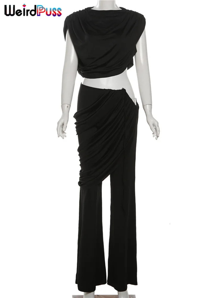 Weird Puss Elegant Ruched 2Piece Set Summer Women Chic Irregular Tank TopsSkirts Pants Matching Casual Basic Classic Streetwear 250207