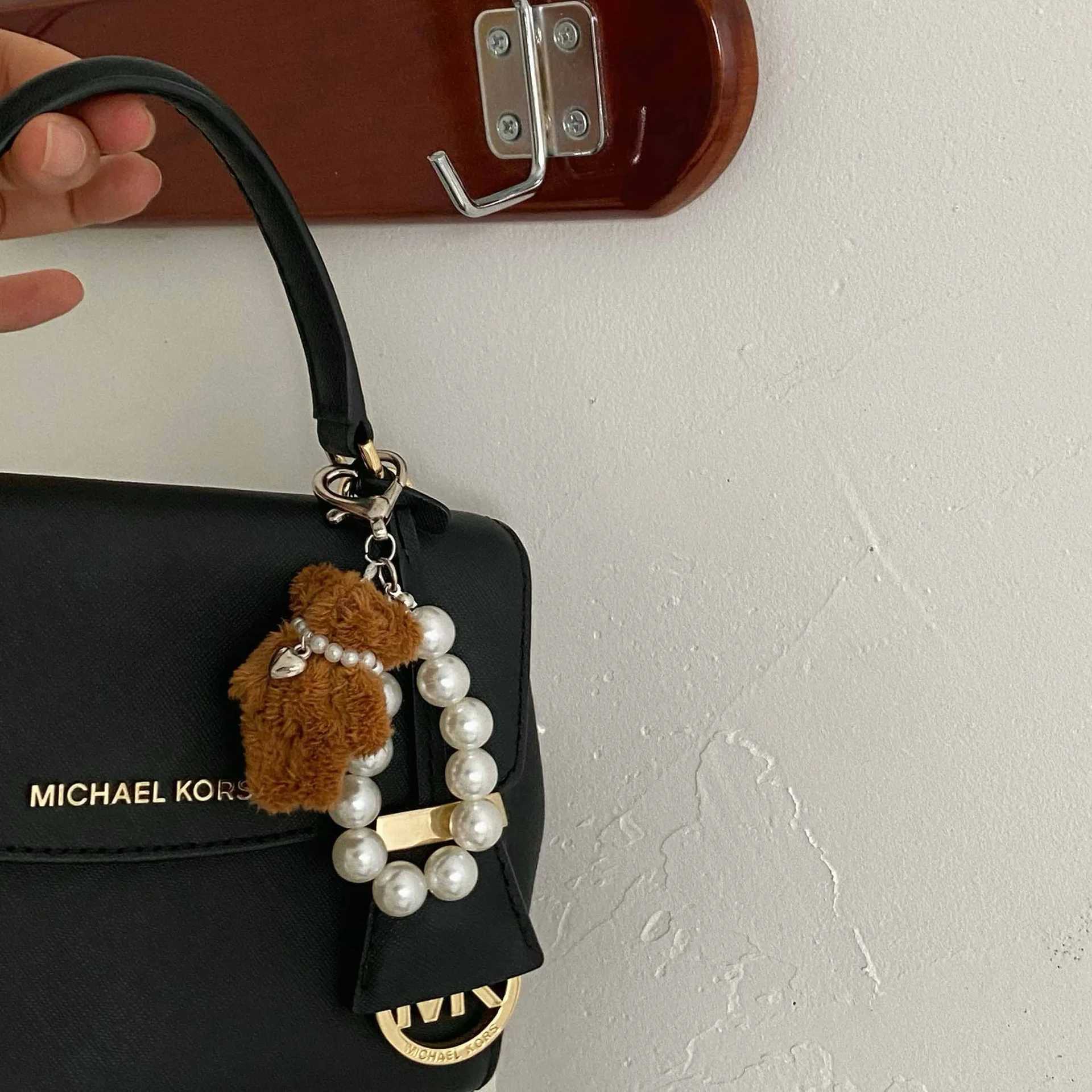 Korean Cute Fluffy Plush Bear Pearl Bowknot Pendant Keychain For Car Keys iPhe Accessories Trendy Keyring Wen Handbags Y250208