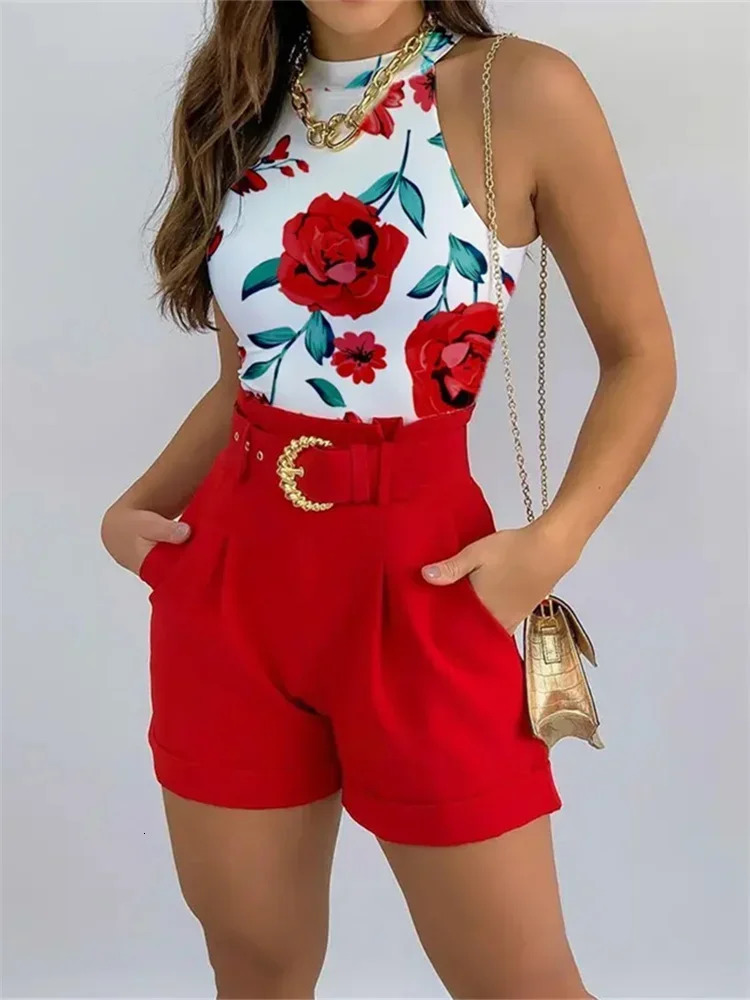 Women Fashion Summer Two Piece Set Sleeveless Floral Vest Shirts Short Pants Female Elegant Y2K 2Pcs Streetwear 250206