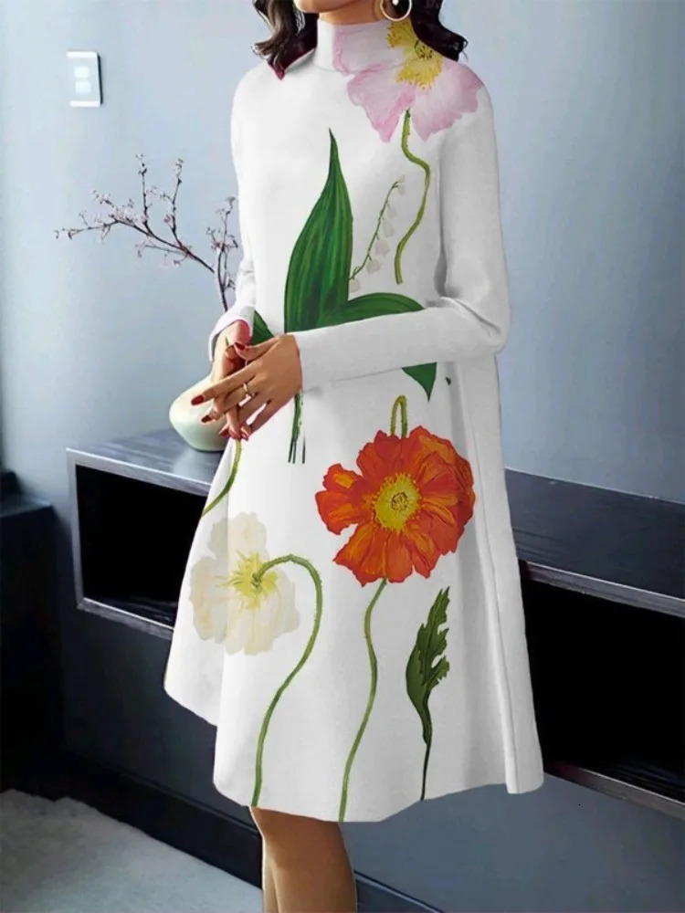 Yeezzi 2024 spring and autumn long sleeved Aline dress for women loose floral print elegant party evening Midi 250207
