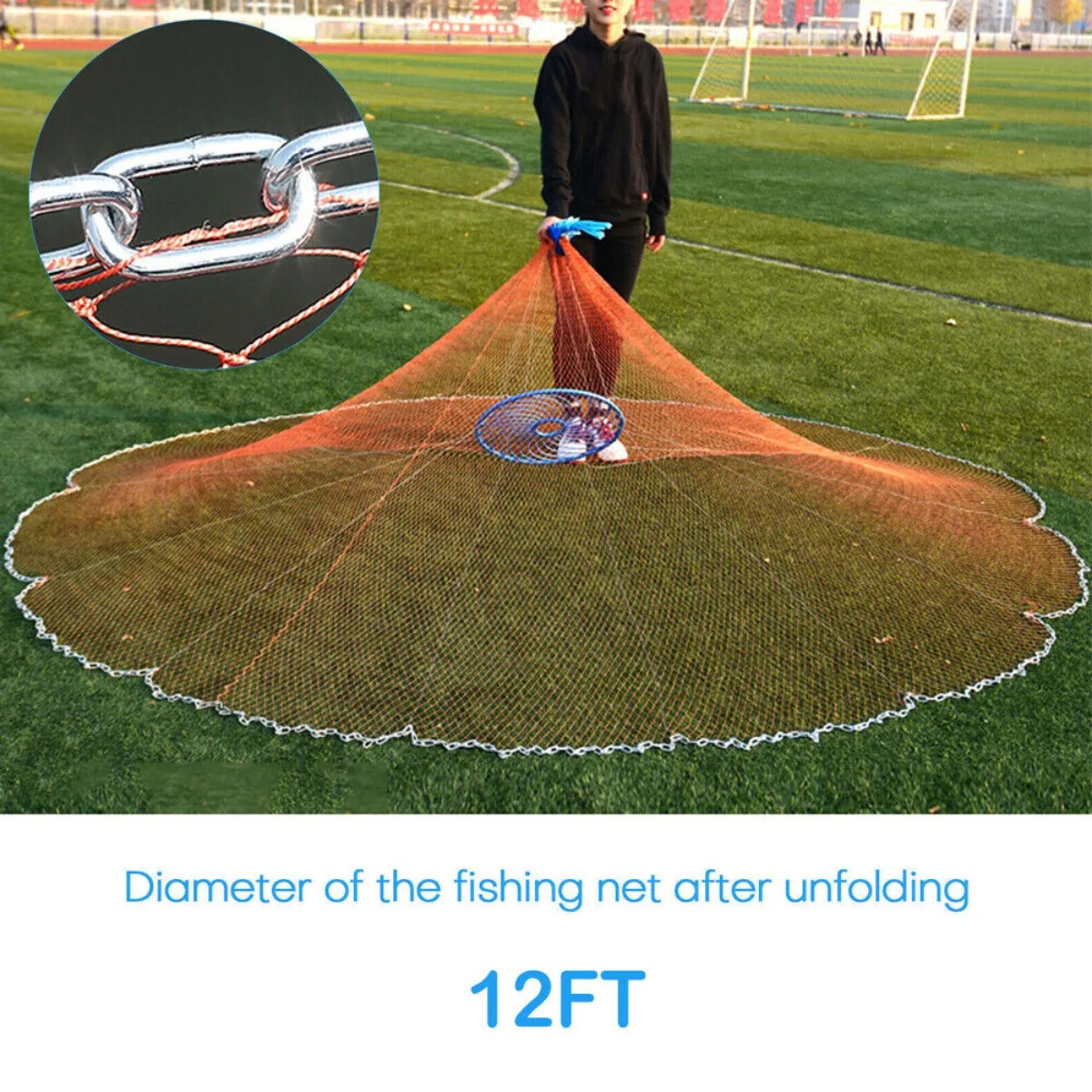 Us-12FT Fishing Cast Net Bait Trap Easy Throw Hand Cast Net Mesh W/Chain Sinker 250207