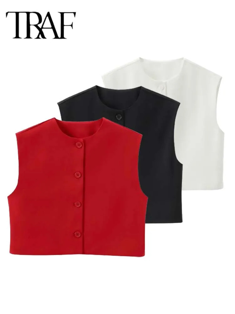 TRAF Vintage Sleeveless Vest Women Fashion Loose Vests Coat Female Tank Outerwear Casual Ladies Basic Streetwear Waistcoat Tops 250207