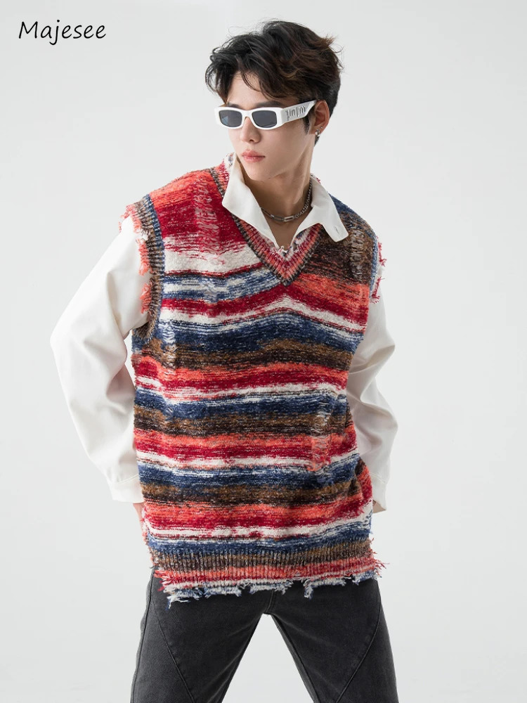 Sweater Vest Men Colorful Hole Raw Edge American Style High Street Males Striped Knitwear Allmatch Fashion Sleeveless Autumn 250110