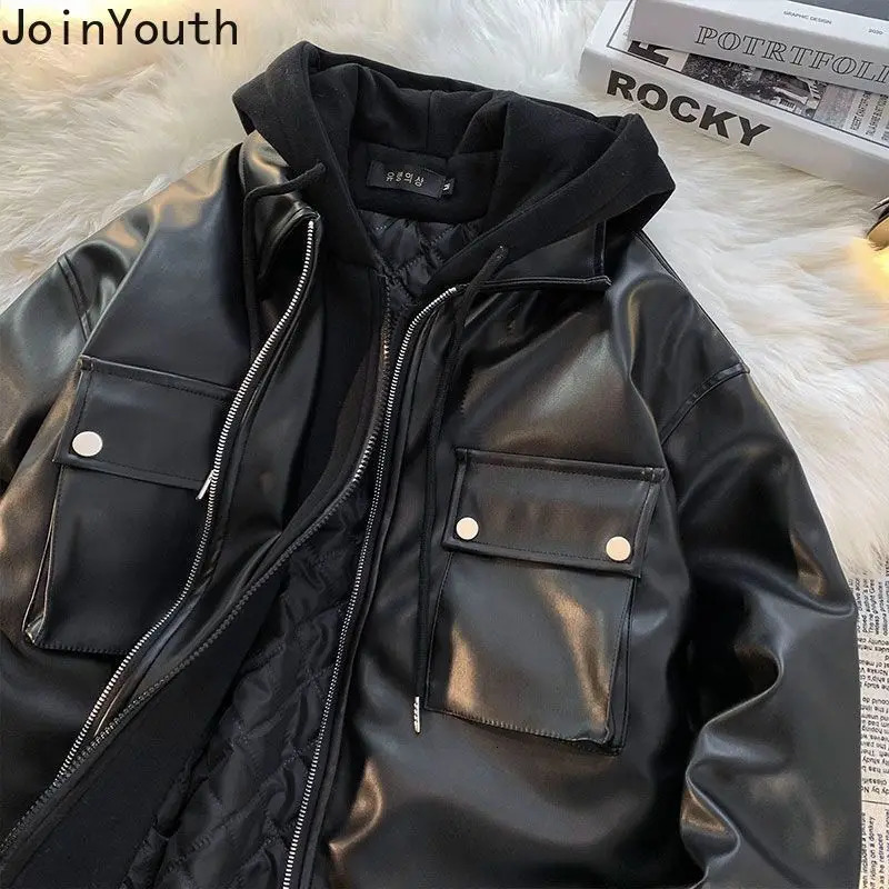 Street Clothing Hooded Leather Jacket Womens Clothing Splicing Work Leave Two Retro Jackets Harajuku Fashion Casual Y2k Jacket Top 250206