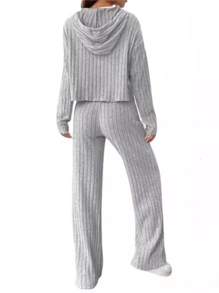 Spring Autumn Womens Solid Color Casual Knitted Striped Hooded Sweatshirt Loose Long Sleeved Long Pants Two-piece Set 250207