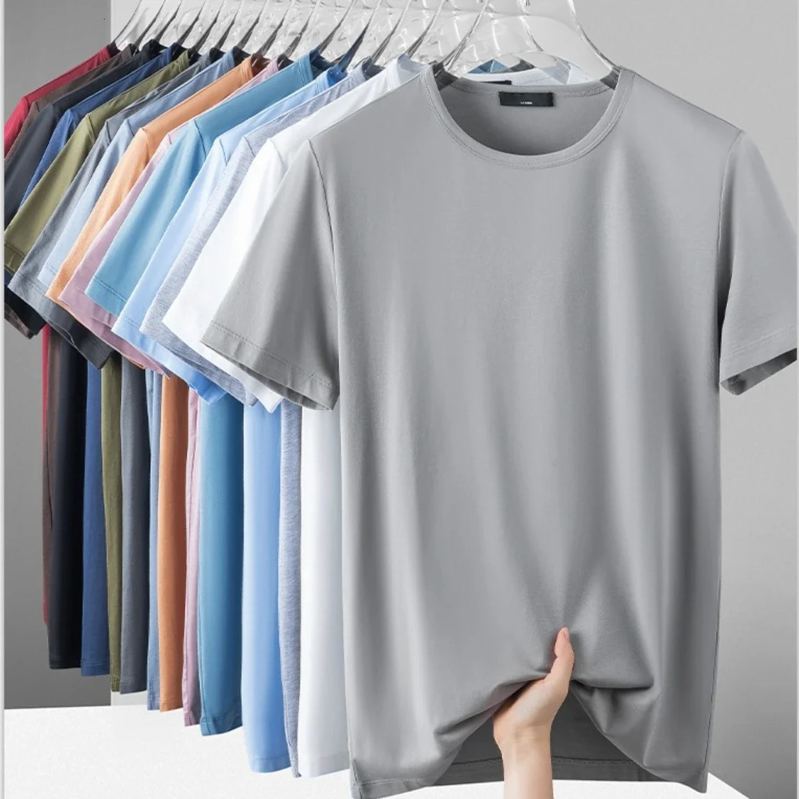 Ice Silk T-shirt Mens Short Sleeve Solid Summer Thin Quick Drying Elastic Modal Cotton Ice Feel Top Half Sleeve 250208