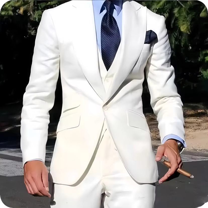 White Slim Fit 3 Piece Double Breasted Suit Prom Party Business (Blazer+Vest+Pants) Wedding Suits For Men