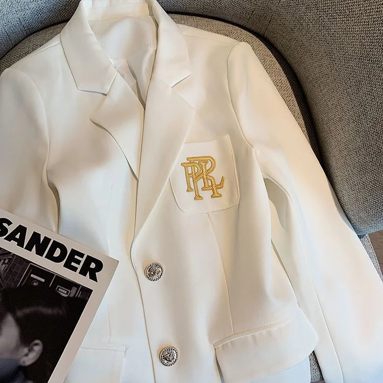 Inner lining letter embroidery premium suit jacket spring UK temperature white womens top black jacket 250207