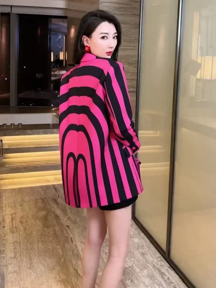 Rose Red Zebra Stripe Loose Womens Jacket Y2K European er Jacket Fashion Party Formal Aesthetic Coat Spring Casual 250207