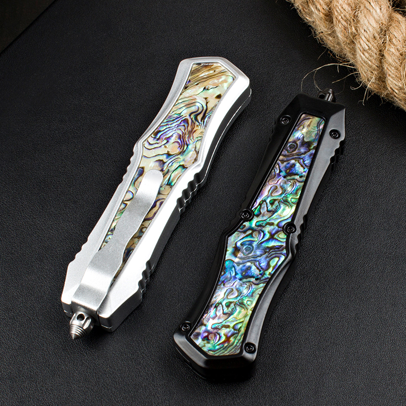 Top Quality Tactical Knife 440C Stone Wash Double Edge Spear Point Blade Zn-al alloy /Abalone shell Handle EDC Pocket Knives 2 Styles
