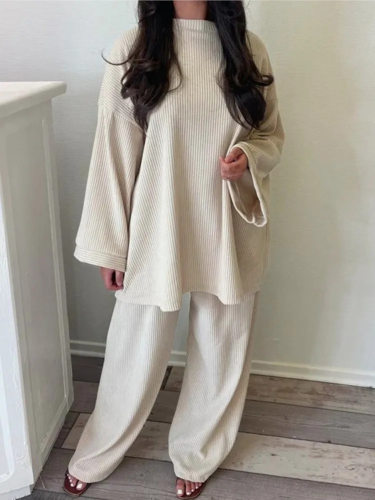 Spring Autumn Solid Color Corduroy Pants Sets Women Loose Long Sleeve Wide Legs Trousers Two Piece Set Female Commuting Clothing 250207