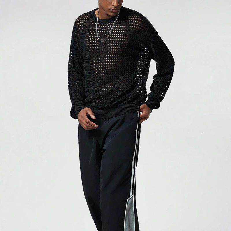 Spring casual mens mesh T-shirt long sleeved staff collar knitted floral top mens retro solid color mesh tee 250207