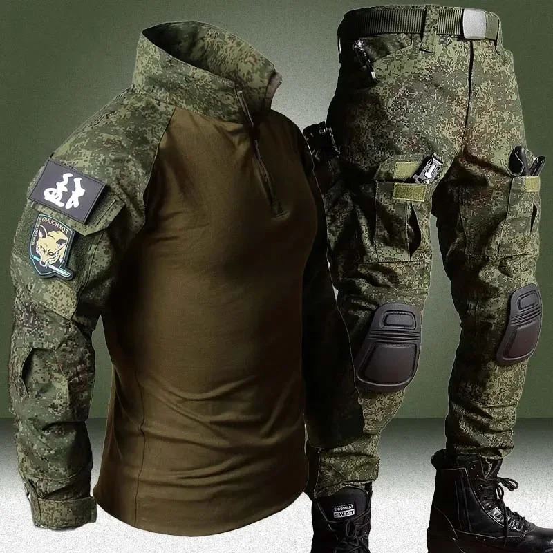 RU Camo Tactical Sets Men Outdoor Breathable Long Sleeve T ShirtsMultipocket Straight Cargo Pant 2Pcs Suit Training Combat Set 250207