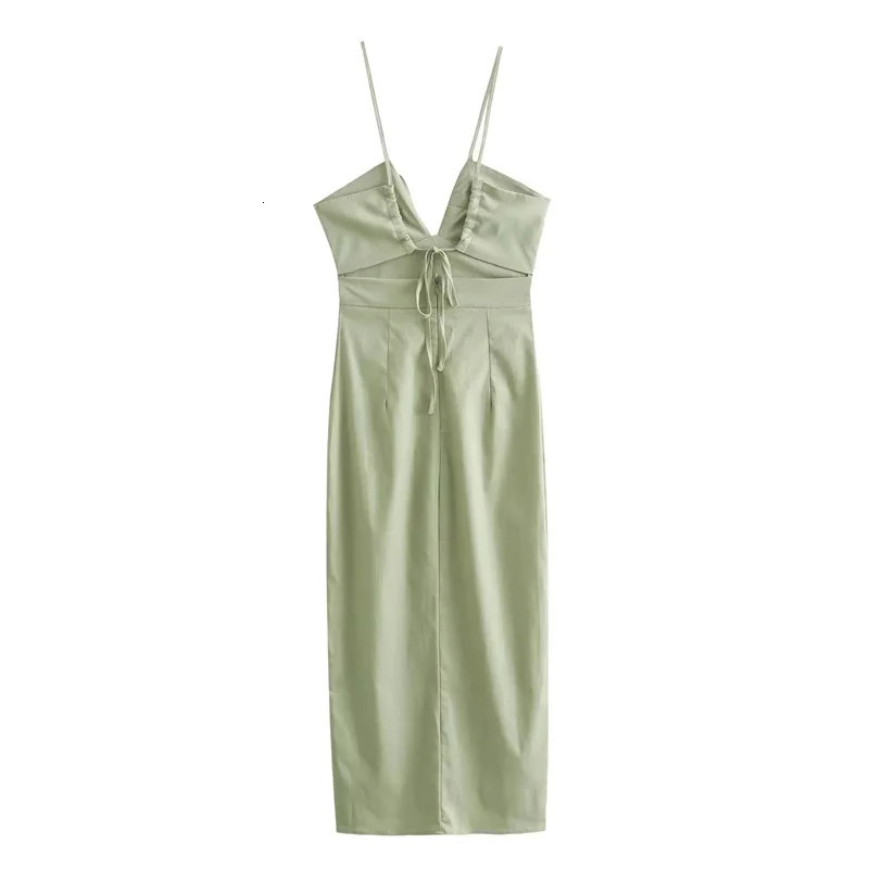 TRAF 2024 Green Slip Midi Dres Sleeveless Backless Summer Sexy Long Dresses Slit Evening Party 250207