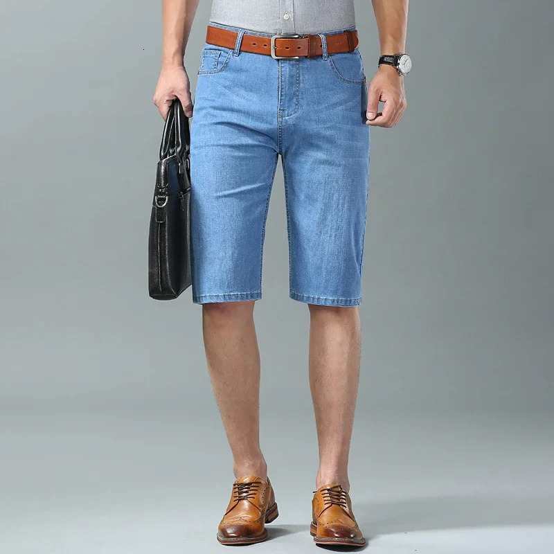 Summer mens business denim shorts thin straight casual office clothing black blue 250207