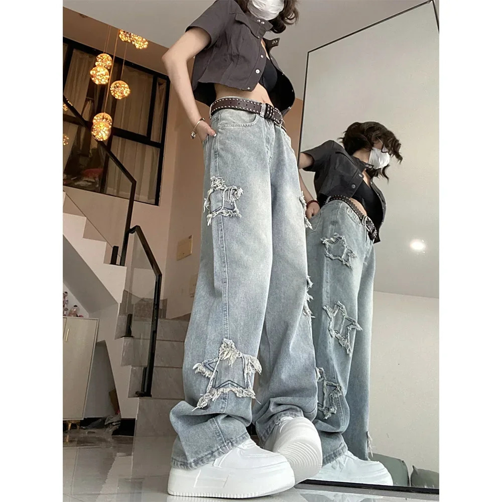 American Retro Star Blue Jeans for Women Korean Ins Highwaisted Straight Wideleg Trousers Baggy Female 250206