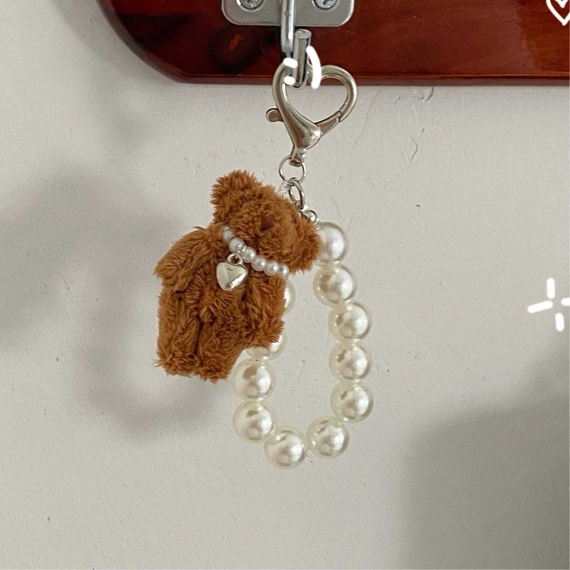 Korean Cute Fluffy Plush Bear Pearl Bowknot Pendant Keychain For Car Keys iPhe Accessories Trendy Keyring Wen Handbags Y250208