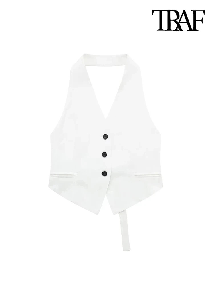 TRAF Women Fashion Backless Halter Neck Waistcoat Sexy Sleeveless Buttonup Female Outerwear Chic Vest Tops 250207