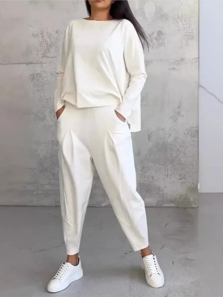 Autumn Winter Solid Color Pants Set Fashion Irregular Long Sleeve Tops Harem Two Piece Casual Female Clothing 250206