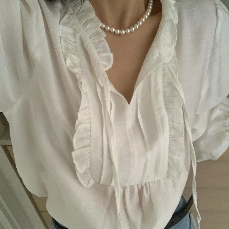 Spring Autumn White Lace Up Womens Blouse 2025 Ruffles Long Sleeve Korean Casual Loose Vneck Shirts Female 250121