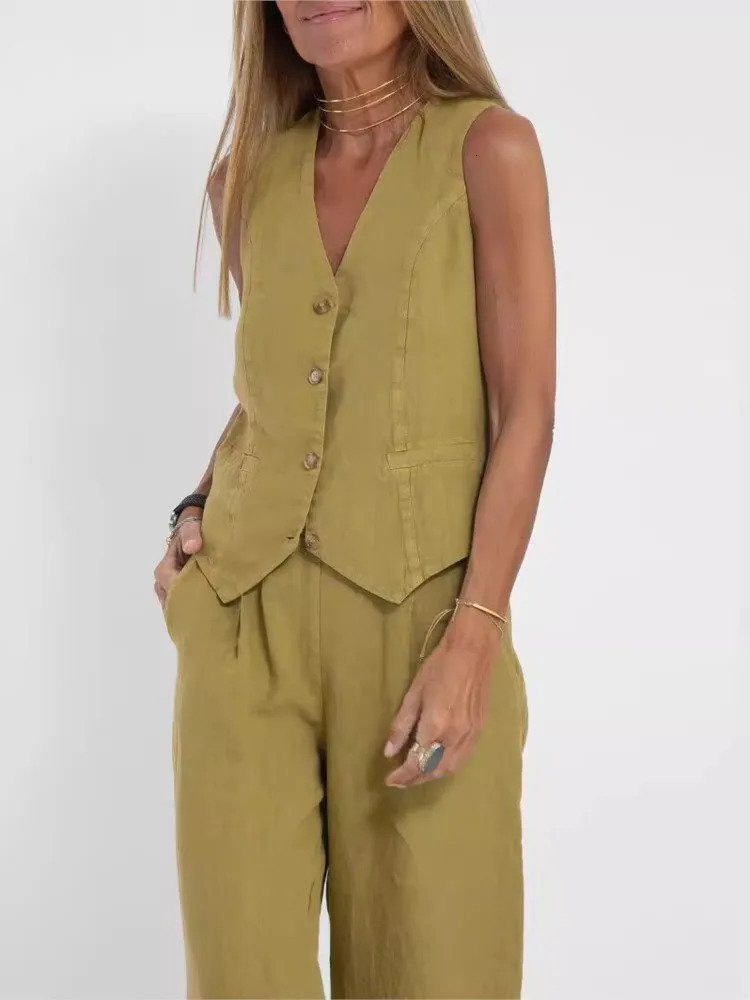 Womens Clothing Spring Summer Fashionable Vest Pants Collage Splicing Pure Sleeveless Color Temperament Casual Suit 250207