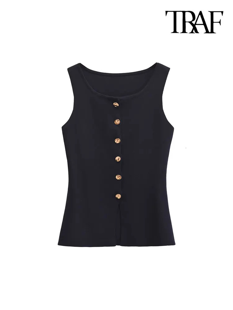 TRAFWomens Knitted Vest with Golden Buttons Sleeveless Sweater O Neck Chic Tops Female Waistcoat Fashion 250207