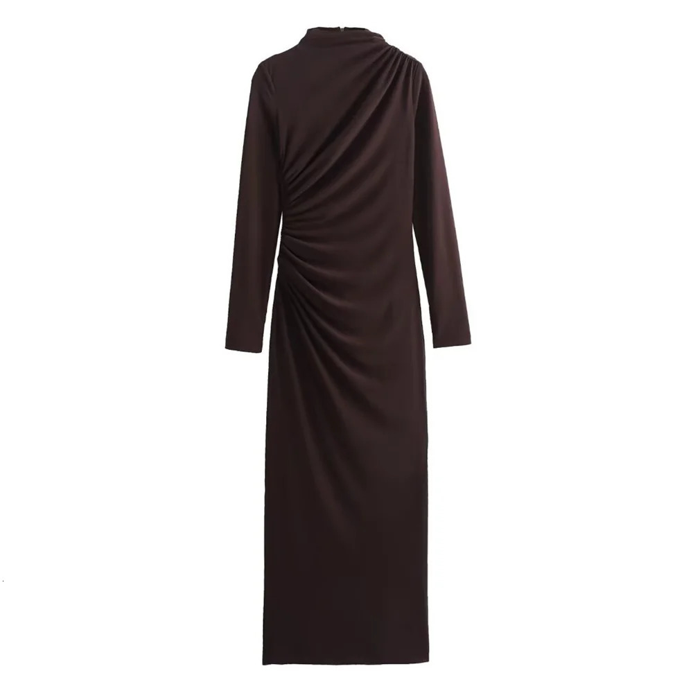 Zach Ailsa womens slim fit pleated decorative Midi dress autumn item stand collar long sleeved mid length skirt 250207