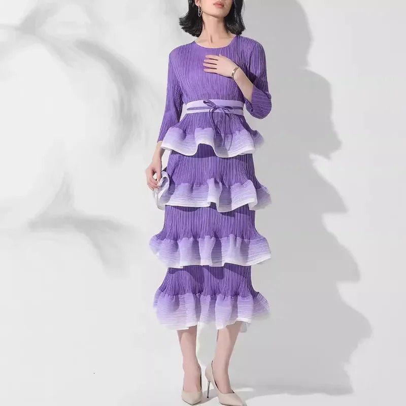 Miyake MidLength Dress Gradient Tiered Skirt Ruffled Hem Drawstring Detail FrenchInspired Chic Pleats Evening Dresses 250208wtt