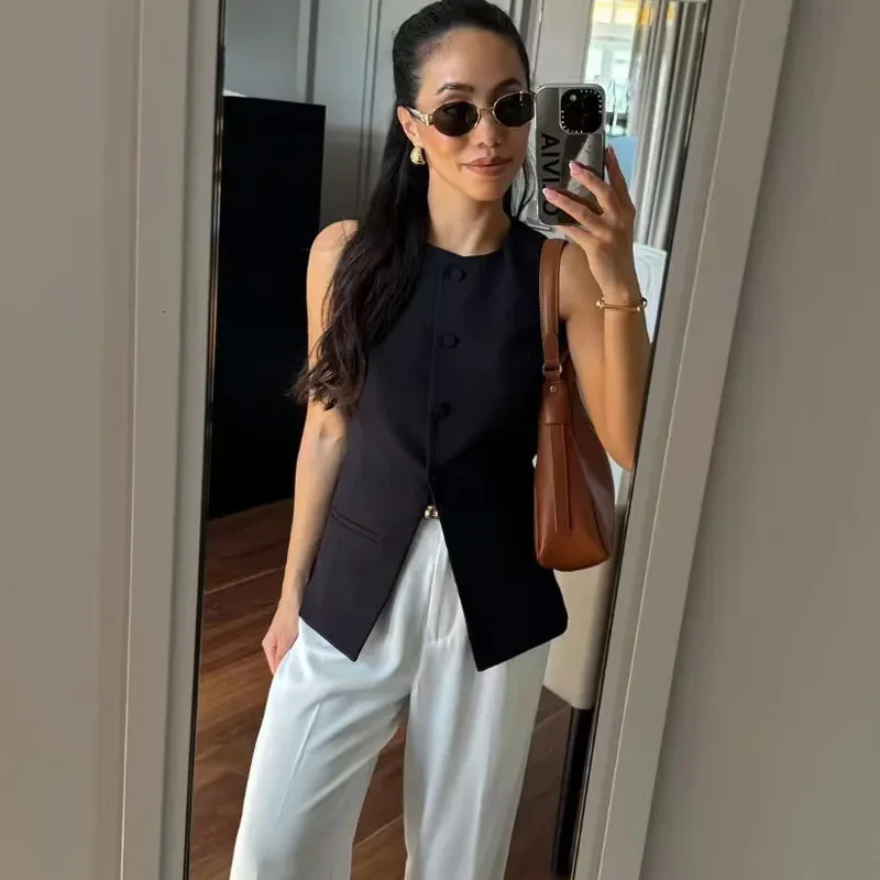 TRAF Womens Vests Sleeveless White Black Pink Vest Women Office Wear Long Woman Outerwears Casual Button Green Suit 250207