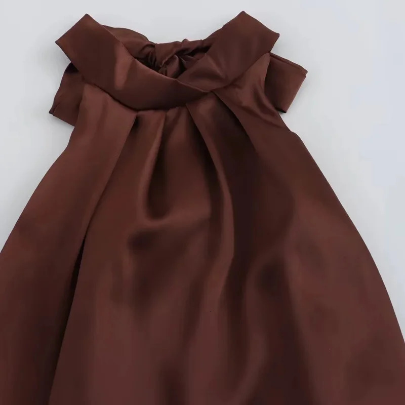 TRAF Halter Satin Long Dres Tied Backless Brown Midi Dress Summer Off Shoulder Party Dresses Pleated Evening 250207
