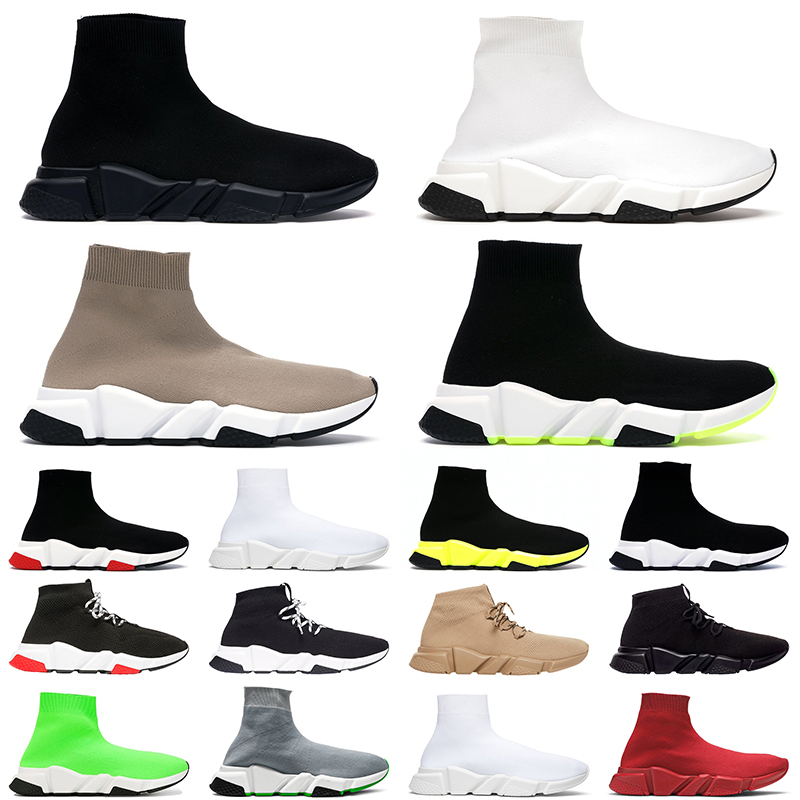 FreeShipping Designer sock shoes men women White Black Red Beige Pink Clear Sole Lace-up Neon Yellow socks speed runner trainers flat platform sneakers
