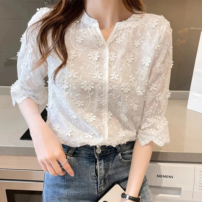Womens Cotton Short Sleeve Lace Blouse Summer Tops Embroidery Floral White Shirt Fashion Casual Blouses 9638 250121