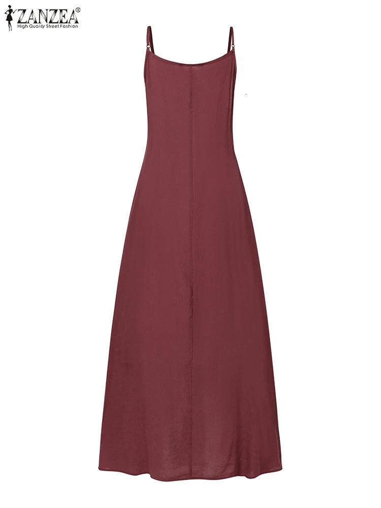 Summer Women Spaghetti Strap Holiday Midi Dress 2024 ZANZEA Stylish Solid Ruffles Sundress Elegant Casual Aline Party Vestidos 250207
