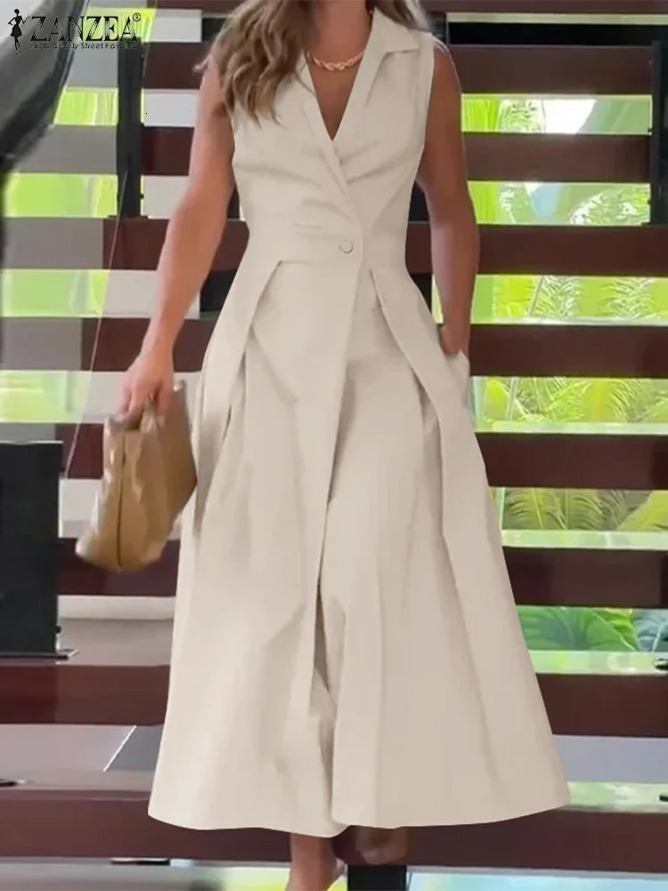 ZANZEA Stylish Solid OL Work Midi Dres Summer Dress Fashion V Neck Party Dresses Elegant Office Lady Sleeveless Sundress 250207