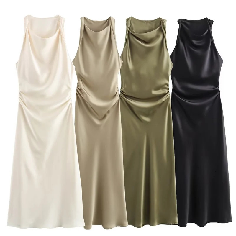 HXAO Womens Satin Long Dress Summer Midi Ruffle Evening ONeck Sleeveless Green White Black Sun 2024 250207