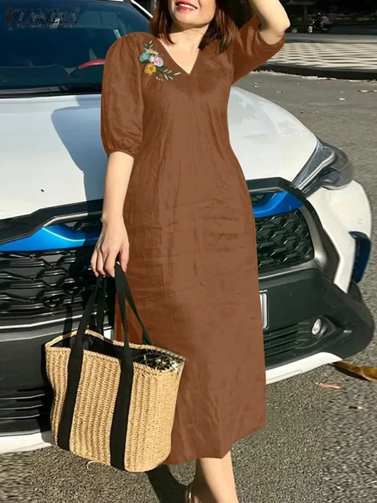 ZANZEA Women V Neck Aline Dresses Solid Holiday Casual 2024 Summer Commute Half Sleeve Floral Embroidery Midi Dress 250207